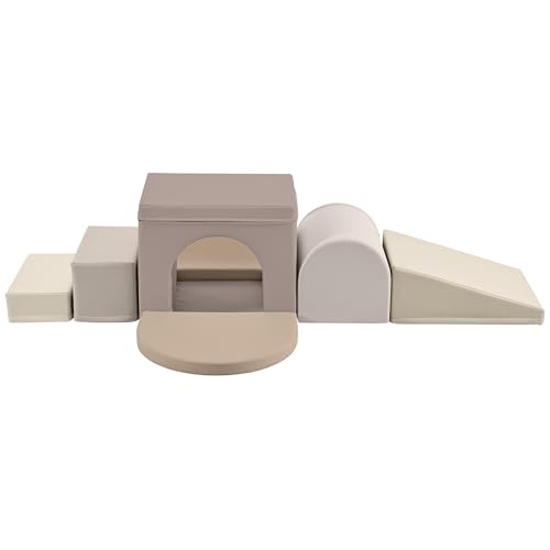 Merax Indoor Soft Foam Tunnel Climber, Toddler Climbing Toys with Tunnel, Steps and Ramp, Soft Climb and Crawl Playset Baby Soft Foam Blocks, 7-piece - color: Cappuccino