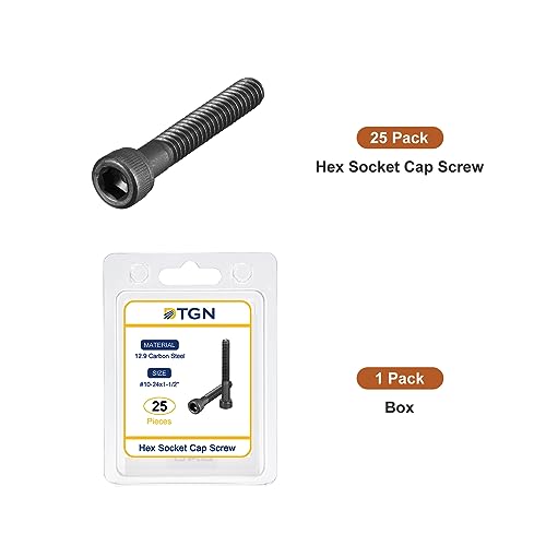 DTGN #10-24x1-1/2 Socket Head Cap Screws Bolts, 25Pcs 12.9 Grade Alloy Steel, Machine Hex Socket Screw, Hex Drive, Black Oxide Finish, UNC Coarse Thread Partially Threaded - size: #10-24x1-1/2"