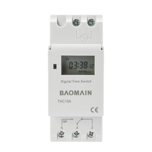BAOMAIN THC15A 12V Digital Programmable Timer Switch,16A Weekly Relay | AC/DC 12V Power Input with 16A Max Switch Capacity,Up To 250VAC,Supports 28 Weekly Settings. Din Rail Mount