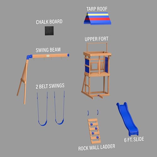 Backyard Discovery Bay Pointe Cedar Wood Swing Set with Wave Slide, Play Deck, Rock Wall Ladder, Belt Swings, Chalkboard, Canopy Roof, Outdoor Playset - color: Blue