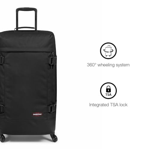 EASTPAK TRANS4 L – 80L Large Checked Luggage Bag, Two Compartments, TSA Lock, 360° Spinner Wheels, and Telescopic Handle, Black Denim - color: Black Denim, size: 80 Liter Checked Bag