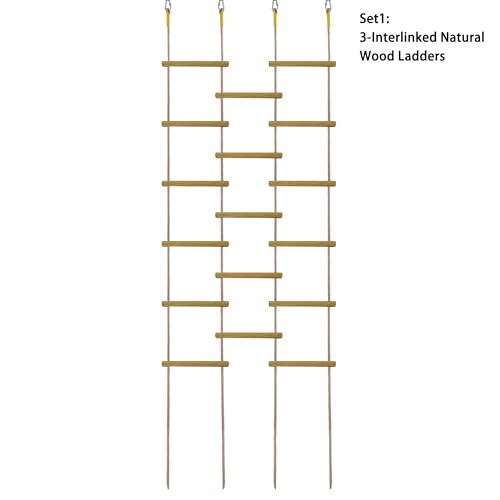 Innovative Rainbow Kids' Wooden Rope Ladder - 3/4/5-Group Connectivity, 14-Inch Wide, Ideal Ninja Warrior Accessory for Tree, Swing & Play (Set1: 3-Interlinked Natural Wood Ladders)