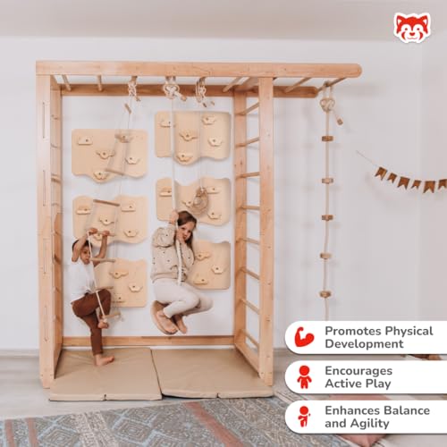 Wood And Hearts 7-in-1 Swedish Ladder Big Bridge Indoor Gym for Kids Active Play – Monkey Bars, Climbing Wall, Rope Accessories & Play Mats (6 Climbing Wall Panels)
