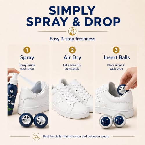 Shoe Deodorizer Spray & Odor Eliminator Kit - Shoe Spray for Smelly Shoes, Feet & Gym Bags | Peppermint Scent | Odor Removal & Shoe Cleaning Solution | 4 fl oz Spray + 2 Pairs of Deodorizer Balls