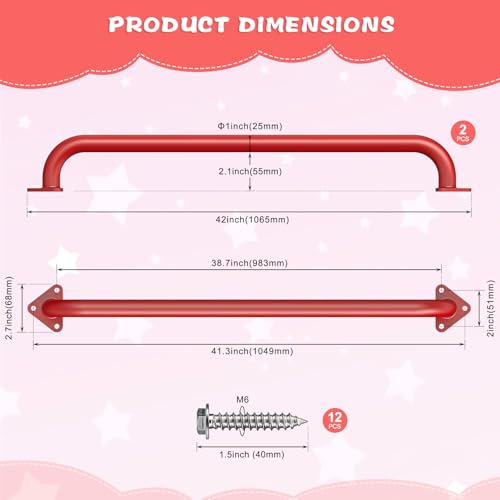 SELEWARE 42" Red Metal Playground Handles Playset Grab Bars Ladder Handle | 500LB 2Pcs Heavy Duty Steel Kids Playground Handles for Indoor/Outdoor Ladder Handrail Swing Set Treehouse Rock Climbing Wall - color: E: 42"-2 Pcs-red