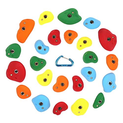 Atomik Rock Climbing Holds Set of 24 Golfus Style Tennis Shoe Friendly Footholds and Jugs with Indoor Rated Hardware in Assorted Bright Tones