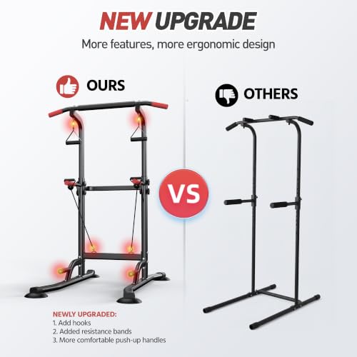Power Tower Pull Up Bar Station, 350LBS Heavy Duty Multi-Function Alloy Steel Stable Dip Station for Home Gym Strength Training, Adjustable Height Workout Equipment with Resistance Bands