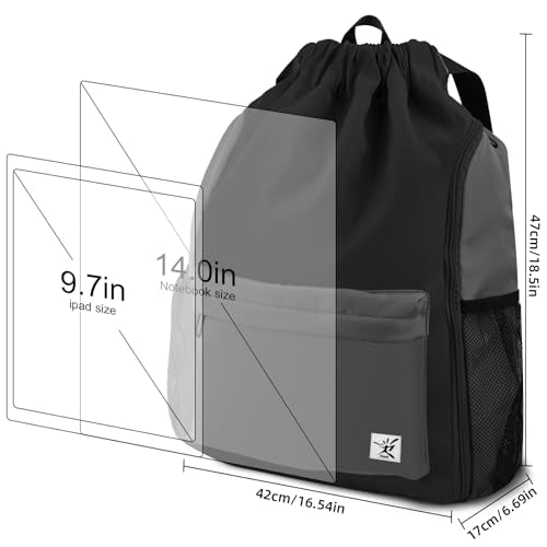 Drawstring Backpack with Mesh Pockets String Gym Bag Sackpack Sandproof Water Resistant Beach Backpack for Men Women - color: Black Gray