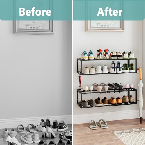 2 Pack Wall Mounted Shoe Rack, Expandable 16-29" with 4 Hooks | 2-Tier Metal Adjustable Hanging Shoe Rack Organizer Holds 16 Pairs for Entryway, Closet, Bedroom, Garage or Small Spaces - size: 29.72" W x 11" L x 7.68" H