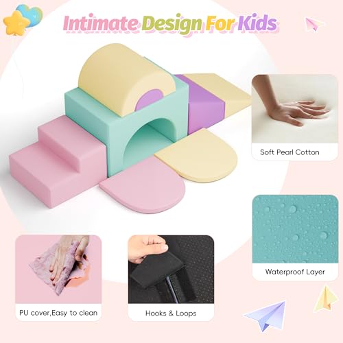 MU Soft Climbing Toys for Toddlers, 7-Piece Baby Soft Foam Climbing Blocks, PU Leather Gym Climb and Crawl Activity Play Set, Indoor Climbing Toys for Kids and Children, Pink - color: Pink