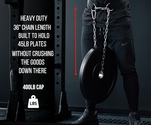 Dip Belt with Chain for Weightlifting – 42in Steel Belt Chain, 7in Padded Back Support, 400lb Capacity – Weighted Belt for Pullups, Dips, Squats – Heavy Duty Weight Belt for Men and Women