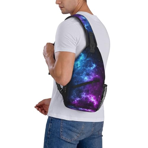 Galaxy Crossbody Sling Bags for Women Men Blue and Purple Galaxy with a Planet and a Moon Space Background Travel Sling Backpack Casual Shoulder Bag Universe Theme Gym Sports Hiking Daypack - color: Blue Purple