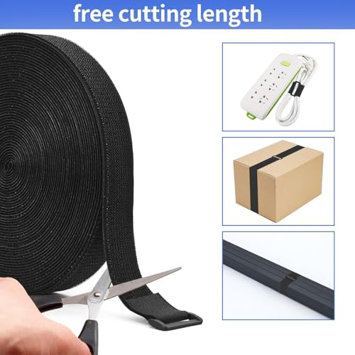 1In x 16Ft Cinch Straps Nylon Heavy Duty with 25 Buckles, Cut to Length, Black Hook and Loop Straps, Reusable Long Cable Ties for Storage and Cord Organizer - size: 1In x 16Ft Black