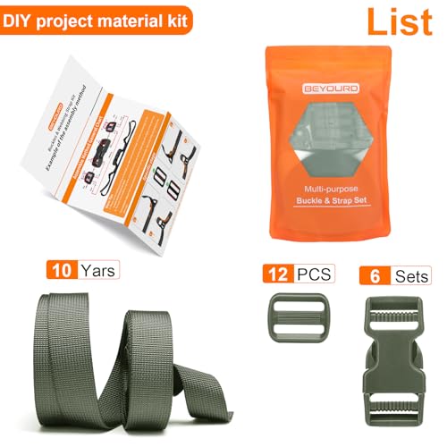 BEYOURD 1 inch Buckles and Strap Set: 10 Yards Polyester Webbing Strapping, 6 Pack Dual Adjustable Side Release Plastic Buckles, 12 PCS Tri-Glide Slider Clips for Hiking equipment, Olive Green - color: Olive Green