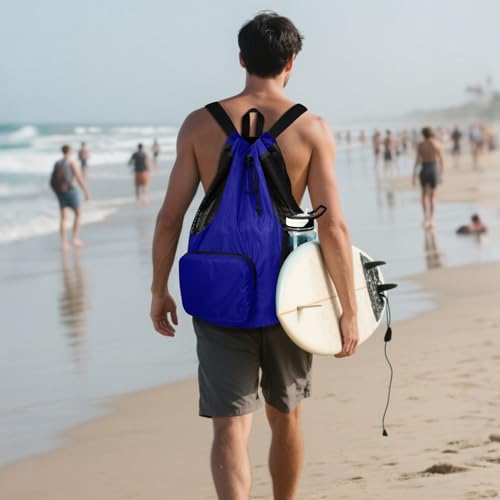 Yuiboo Navy Blue Drawstring Gym Bags Climbing Gym Bag with Water Bottle Pocket Cinch Back Sack Wet and Dry Separation