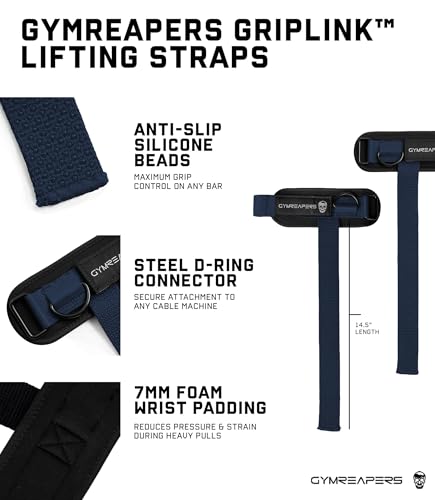 Gymreapers GripLink Lifting Straps – Heavy Duty D-Ring Weight Lifting Wrist Straps with Anti-Slip Silicone Grip Beads, Adjustable Support for Deadlifts, Powerlifting, Cable Machines & Gym Training - color: Navy