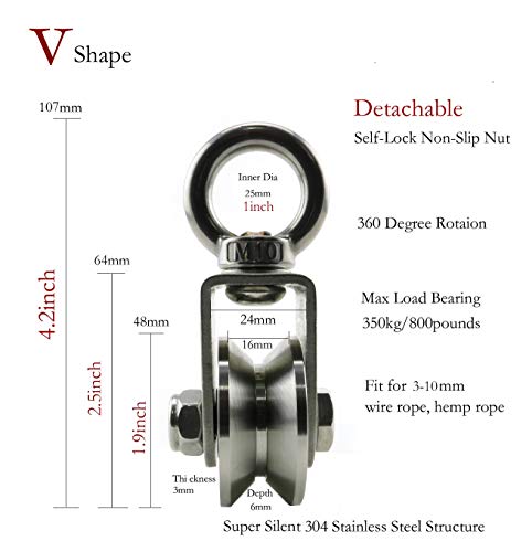 Heyous 1-Pack V Type Swivel Pulley 304 Stainless Steel Duplex Bearing Super-Silent Detachable 360 Degree Rotation Heavy Duty Traction Wheel - style: V Type Slot