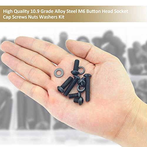 148 Pieces Black M6 x 8/10 /12/16 /20/25 /30mm Button Head Socket Cap Screws Nuts Washers Assortment Kit, 10.9 Grade Alloy Steel - size: M6, style: Button Head