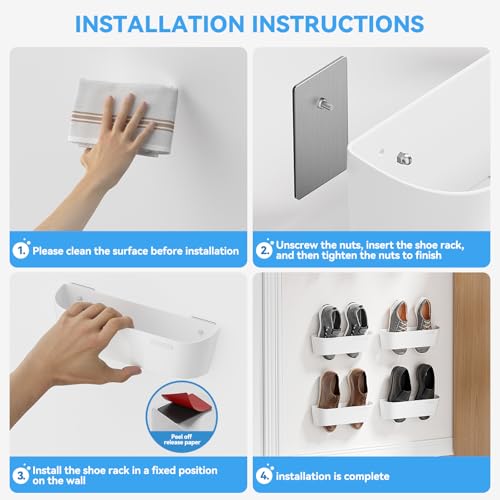 Wall Mounted Shoes Rack 3Pack with Sticky Hanging Strips, Plastic Shoes Holder Storage Organizer,Door Shoe Hangers (White) - color: White