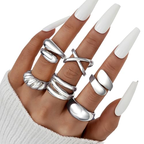 YEEZII Chunky Gold Rings for Women Non Tarnish, 18K Gold Plated Stackable Thumb Ring, Statement Women Rings Set - color: Silver