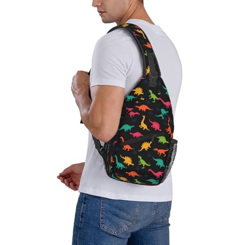 Cartoon Dinosaur Crossbody Sling Bags for Women Men Colorful Dinosaur Silhouettes Childish Pattern Travel Sling Backpack Casual Shoulder Bag Cute Animal Print Gym Sports Hiking Daypack - color: Green Yellow Red