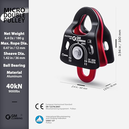 GM CLIMBING 40kN Micro Double Pulley Prusik Minding Ball Bearing UIAA CE for Progress Capture System Rigging Hauling Rescue Arborist Tree Climbing - color: Pack of 2