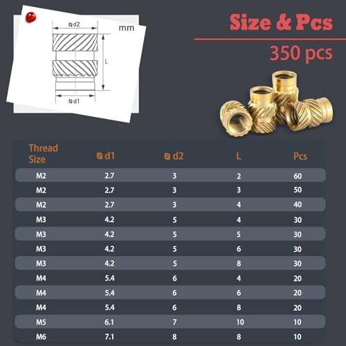 350Pcs Threaded Inserts, M2-M6 Heat Set Inserts for 3D Printing | Metric Brass Knurled Inserts Assortment Kit with M2 M3 M4 M5 M6 for Plastic, DIY Projects - size: M2-M6 Set(350pcs)