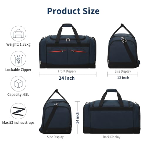 24 inch Large Gym Bag for Men - 65L Hard Bottom Duffle Bag with Shoes Compartment for Sport/Travel - Navy Blue - color: Navy Blue