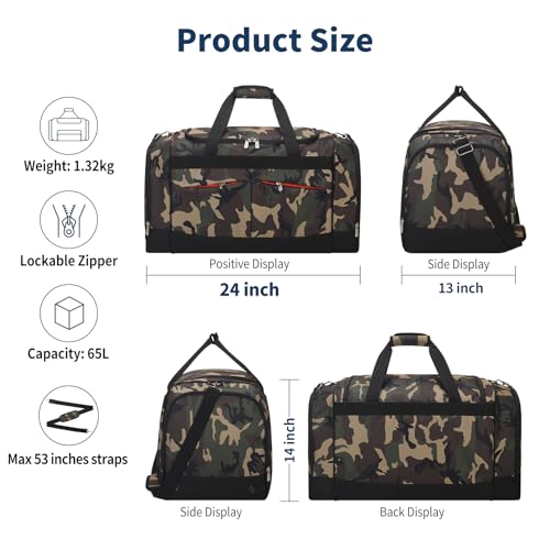 24 inch Large Gym Bag for Men - 65L Hard Bottom Duffle Bag with Shoes Compartment for Sport/Travel - Camo - color: Camouflage