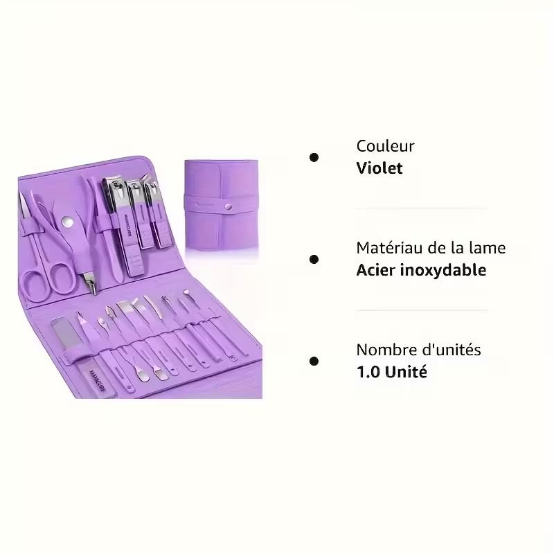 16 pcs Stainless Steel Nail Care Tools Grooming Kit with Luxurious Travel Leather Case for Thick Nails Men Women Gift,Manicure Set Professional NailClippers Pedicure Kit,Sharp Nail Scissor(Purple)