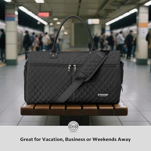STOVER Women’s Convertible Garment Duffel Bag for Travel – 2-in-1 Carry-On Weekender/Overnight Tote - Wrinkle-Free Dresses, Suits & Clothes + Shoe Compartment & Bonus Toiletry Bag (Onyx Black) - color: Onyx Black