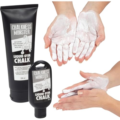 Liquid Gym Chalk - Mess-Free - Combo 2 Pack Premium Sweat Resistant Long Lasting Grip - Quick Dry Hand Grip for Gymnastics, Rock Climbing, Power Lifting and More - Chalkness Monster 200 & 50 mL Bottle