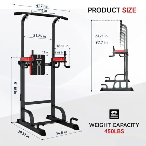 Pooboo Power Tower Dip Station Pull Up Bar for Fitness Home Gym Workout,450 Pounds Multi-Function Adjustable Height Fitness Strength Training Exercise Equipment,with Power Elastic Ropes - color: Black Red-03