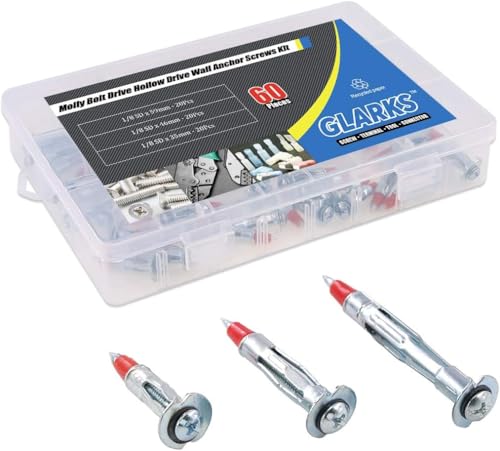 Glarks 60Pcs Heavy Duty 1/8 inch 35/46/59mm Zinc Plated Steel Molly Bolt Drive Hollow Drive Wall Anchor Screws Assortment Kit - size: 1/8SDx35mm, 1/8SDx46mm, 1/8SLDx59mm Kit