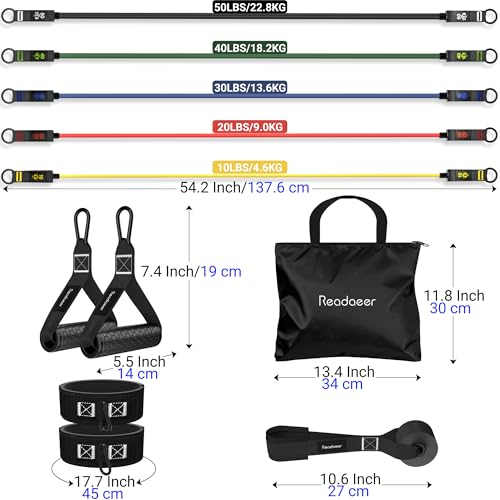 Readaeer Resistance Bands, Exercise Bands for Working Out with Handles | Resistance Bands with Handles, Door Anchor for Home Gym Full Body Strength Training, Muscle Tone, Yoga - size: 10-150LBS