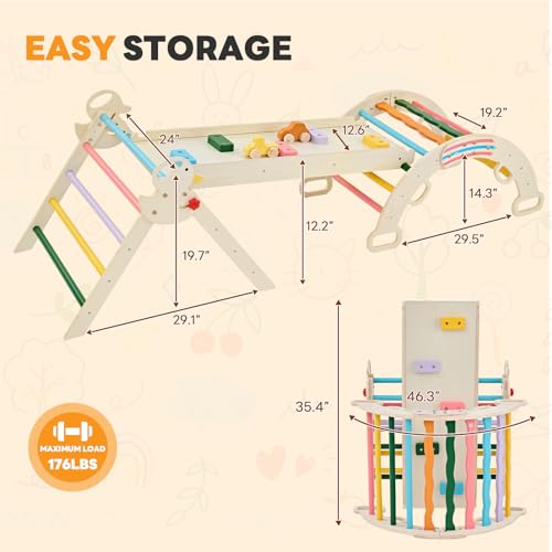 NEWBULIG Pikler Triangle Set for Toddlers, 9-in-1 Foldable Montessori Climbing Toys Indoor Playground with Arch & Ramp & Ladder, Wooden Montessori Climbing Set for Indoor Active Play, Rainbow