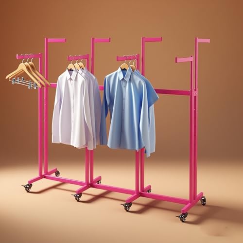 Floor Standing Metal Garment Rack - Heavy Retail Display Racks With Wheels | 6 Arms Clothing Rack, Square Tubing Portable Shirt Rack, Merchandise Display RackFor Hanging Clothes (Pink) - color: Pink