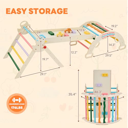 DUMOS Pikler Triangle Set, Toddler Climbing Toys and Play Structure Indoor, 9-in-1 Wooden Montessori Climbing Set with Arch, Ramp and Ladder, Foldable Baby Jungle Gym, Rainbow - color: Rainbow
