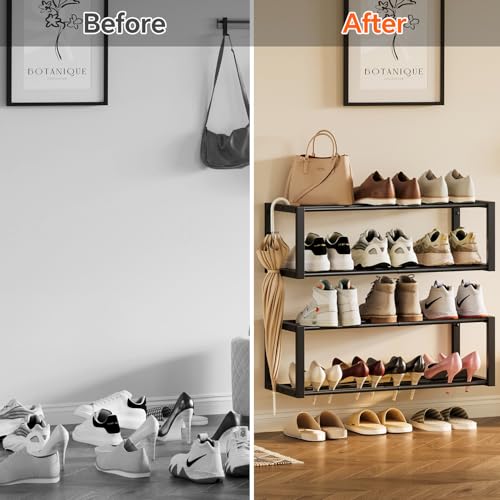Homeiju Hanging Shoe Organizer,2 Pack Wall Mounted Shoe Rack Holds 12 Pairs,Space Saving Metal Wall Shoe Rack,Hanging Shoe Rack Shoe Holder for Small Space,Entryway,Closet,RV,Camper(Black - color: Black