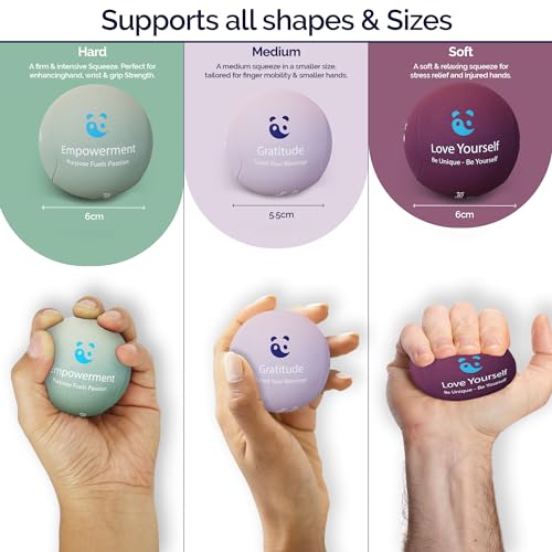 Mind & Body Stress Balls for Adults - Multi-Density Squeeze Balls for Hand Therapy & Grip Strengthening - Stress & Anxiety Relief - Choose 3-Ball (Soft, Medium & Hard) or 2-Ball (Soft & Hard) Sets - color: Empowering - Rose, Mint, Plumb