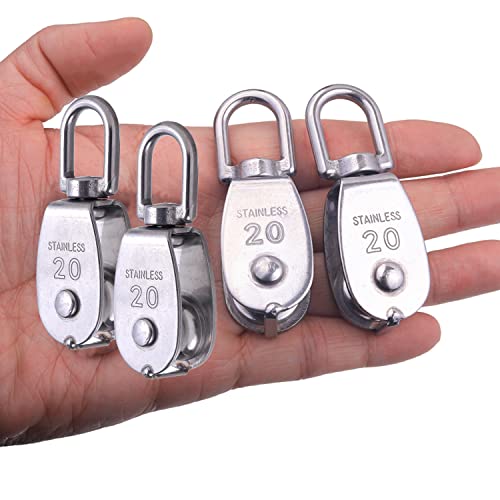 Rocaris 4 Pack 304 Stainless Steel M20 Single Pulley Block | 880 lb Capacity, Lifting Crane Swivel Hook, Roller Loading - style: 4 Pack M20 Single