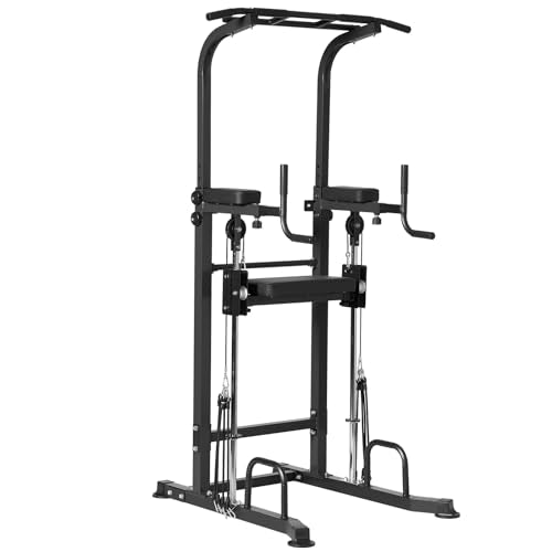Dland Power Tower Dip Station Pull Up Bar Exercise Tower, Multifunctional Adjustable Height Training Equipment for Home Gym, Free Standing Assisted Fitness Workout Pullup Rack Station Machine - color: Black