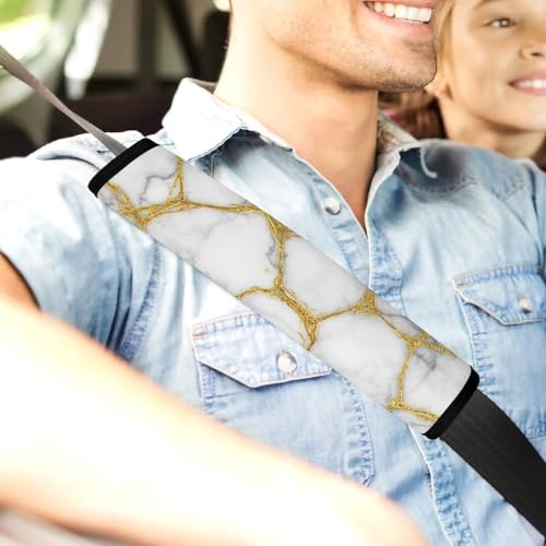 2 Pack Universal Soft and Comfortable Seat Belt Cover for Kids, Car Seats Pushchair Strollers High Chair Pushchair, Gold Marble White Seat Belt Cushion - color: Pattern 1114