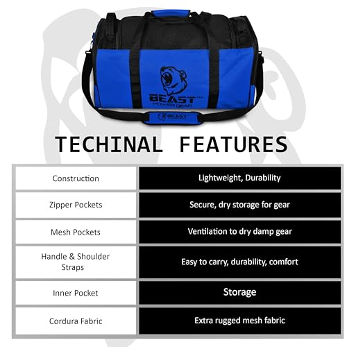 Beast Power Gear Gym Duffle Bag- Workout, Boxing, MMA, Sports Bag with Shoes Compartment and Adjustable Shoulder Strap for Men and Women (Blue/Black) - color: Blue/Black