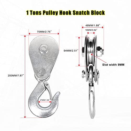 Pulley Hook (1Tons/2,200 LBS) Snatch Block with Hook Heavy Duty Pulley Lifting Block Hoist with Hook for 3/8 inch Cable High Strength Steel Single Wheel Rope Bearing Winch Block (2 pcs)