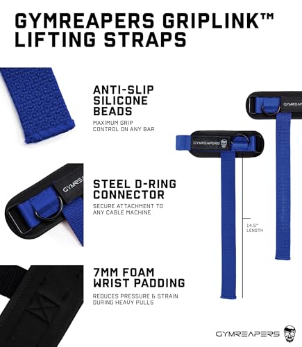 Gymreapers GripLink Lifting Straps – Heavy Duty D-Ring Weight Lifting Wrist Straps with Anti-Slip Silicone Grip Beads, Adjustable Support for Deadlifts, Powerlifting, Cable Machines & Gym Training - color: Electric Blue