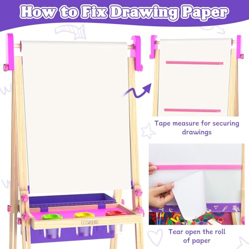 Wooden Art Easel for Kids,Double Sided Adjustable Magnetic Drawing Board | Kids Easel with Paper Roll,Whiteboard & Dry Erase Chalk Board,Toddler Easel for 4 -8 Year Old Boy Girl Birthday Gifts - color: Purple
