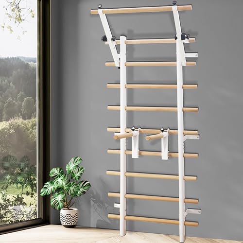 Stall Bars, Swedish Ladder for Adult and Kids, Wall Bar with Solid Beech Wood Rods, Durable Steel Frame, Adjustable Pull Up and Dip for Strength, Flexibility at Home Gym, Studio - color: White