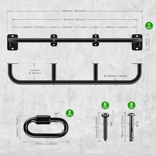 SELEWARE Heavy Duty Wall Mount Pull Up Bar, Joist Mount Chin Up Bar for Doorway, Sturdy Steel Construction, w/Resistance Band Hooks, Fits 32"/36" Wall Studs for Home Gym Strength Training - size: A: 36" x 1.3" Dia Grip