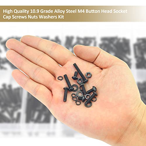 382 Pieces Black M4 x 5/6 /8/10 /12/16 /20mm Button Head Socket Cap Screws Nuts Washers Assortment Kit, 10.9 Grade Alloy Steel - size: M4, style: Button Head
